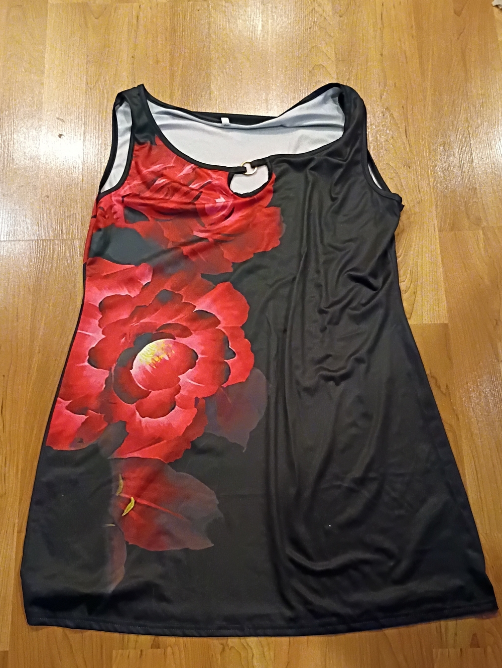 Black Tank Top with Red Floral Print and Decorative Keyhole